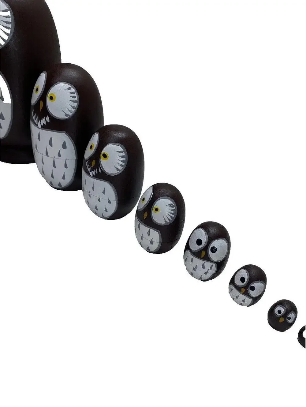 Wooden Owl Nesting Dolls - 10 Piece Set - Brown and White - Hand-Painted